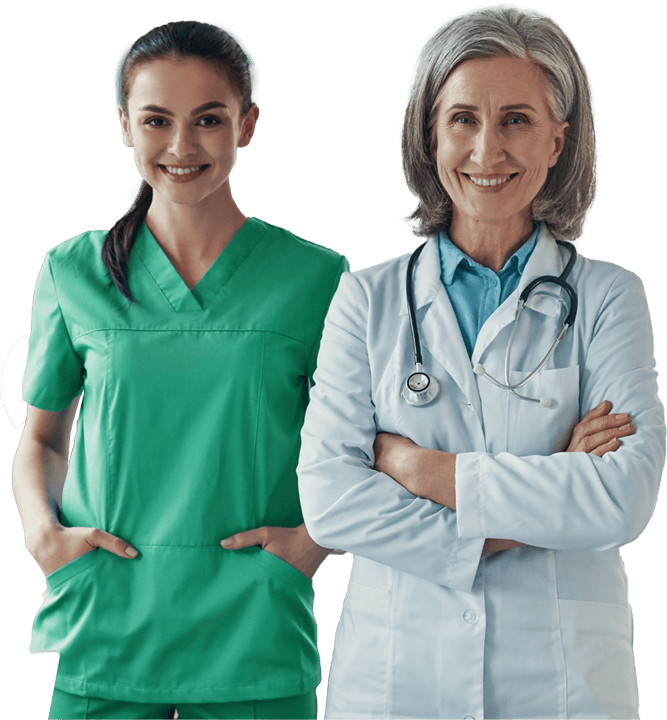 two confident women coworkers in medical uniform